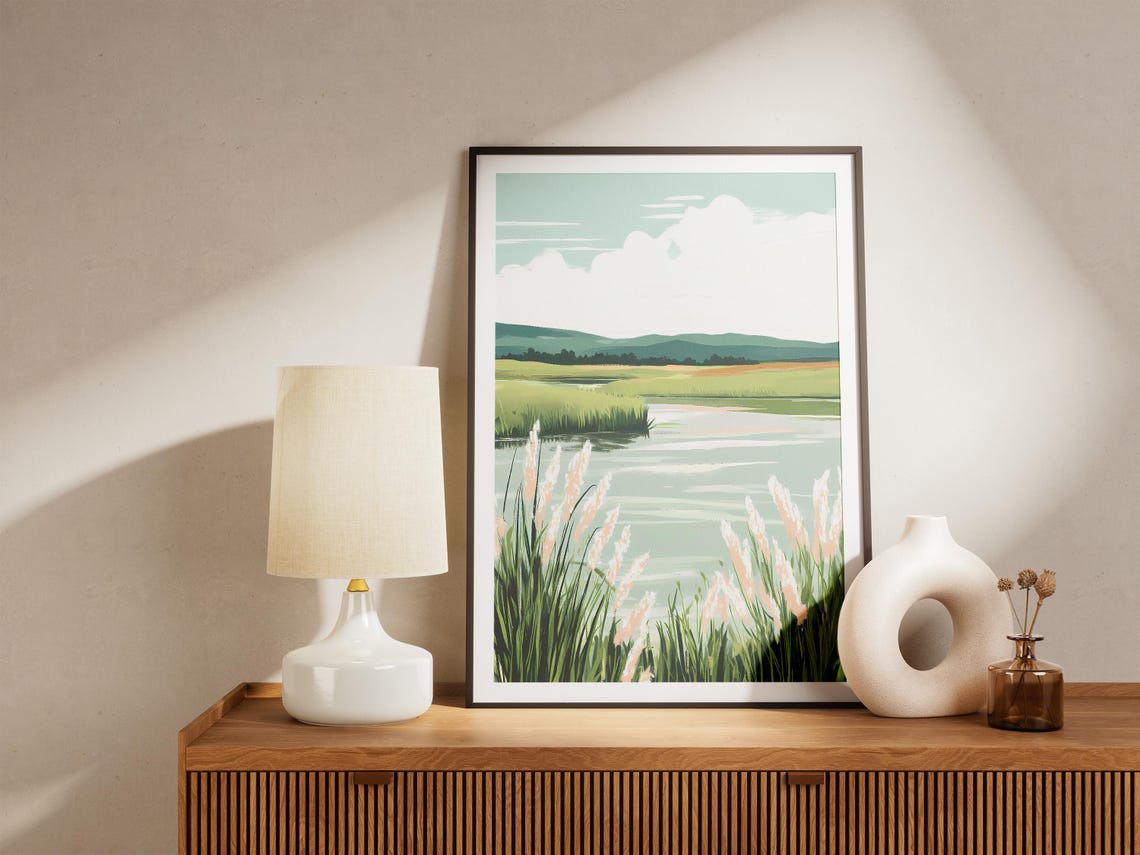 Peaceful River Marsh With Tall Grasses And Hills Landscape Art Poster - Image 5