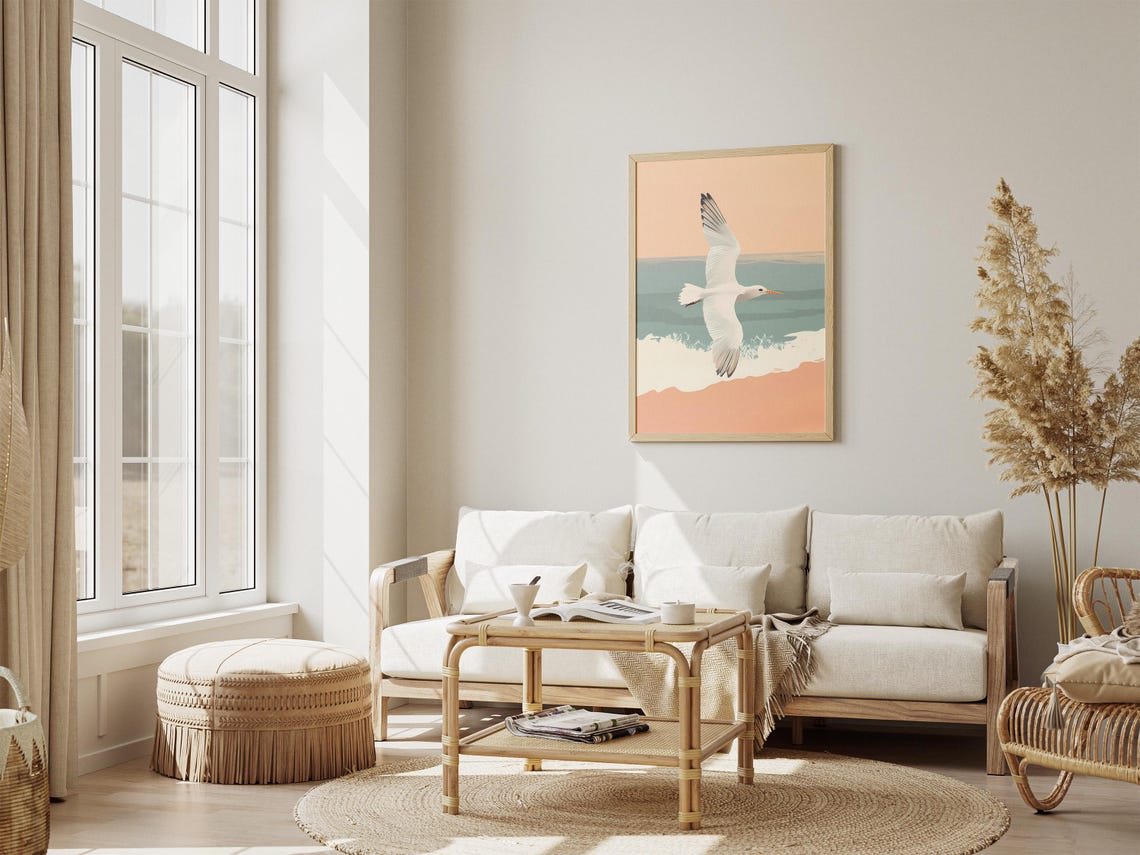 Seagull Gliding Over Calm Ocean Waves Minimalist Beach Art Poster - Image 4