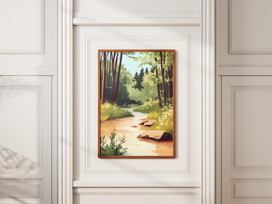 Sunlit Forest Stream Warm Water Tall Trees Wildflowers Nature Poster - Image 2