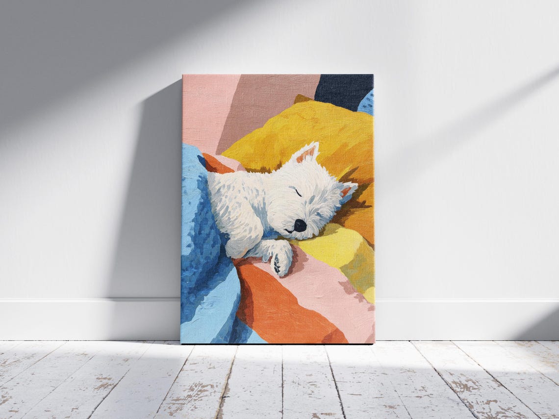 West Highland Terrier Sleeping on Colorful Striped Pillows Poster - Image 2