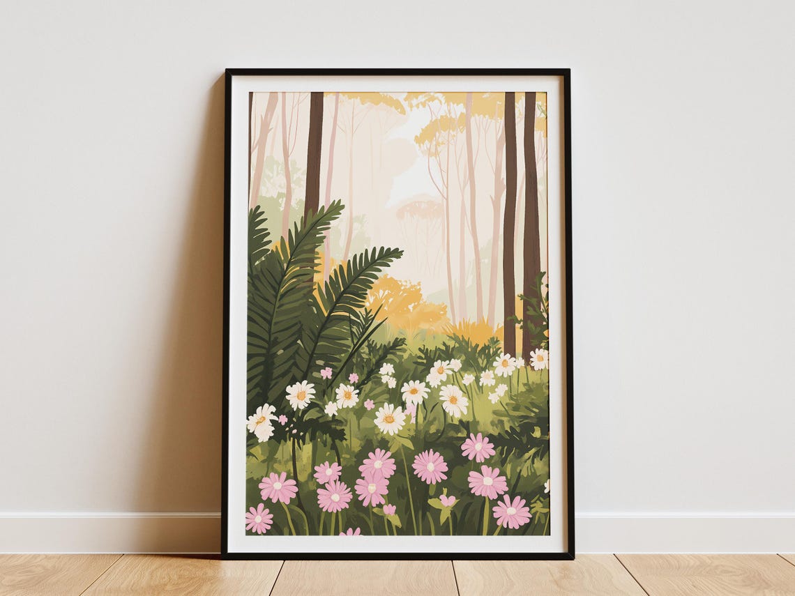 Pink Cosmos Ferns Misty Forest Glade Soft Dreamy Flower Poster