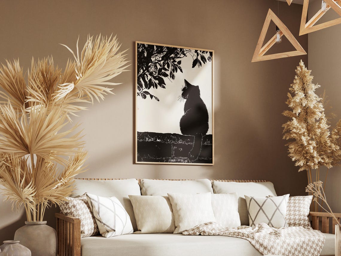 Black Cat Silhouette on Garden Wall Woodcut Style Art Poster - Image 3