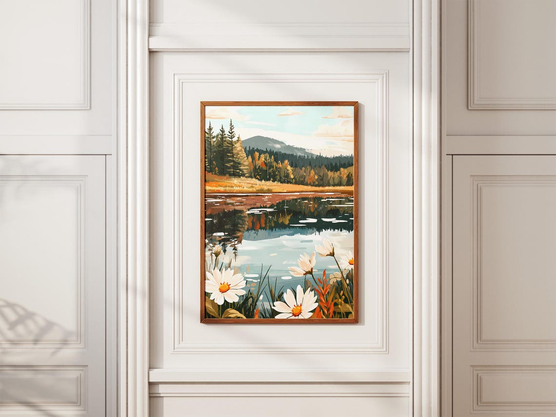 Alpine Lake with Daisies and Autumn Forest Reflection Poster - Image 2