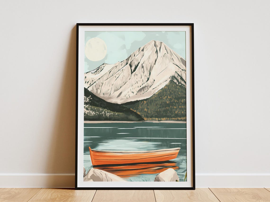 Orange Rowboat on Calm Mountain Lake Pale Moon Evening Poster