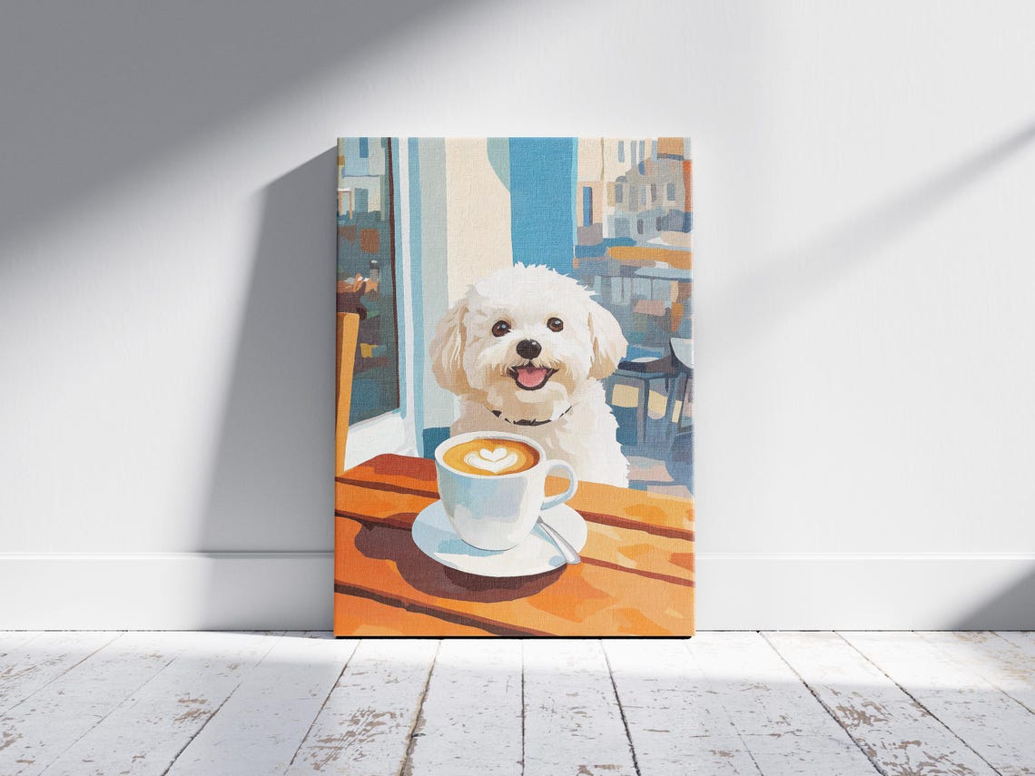 Happy White Maltese Dog with Heart Latte Art at a Cafe Table Poster - Image 2