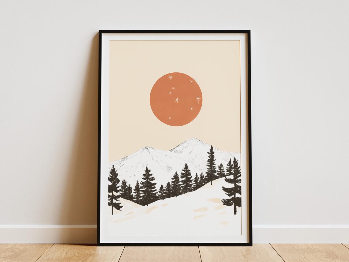 Minimalist Snowy Mountain Peak With Burnt Orange Sun Art Poster