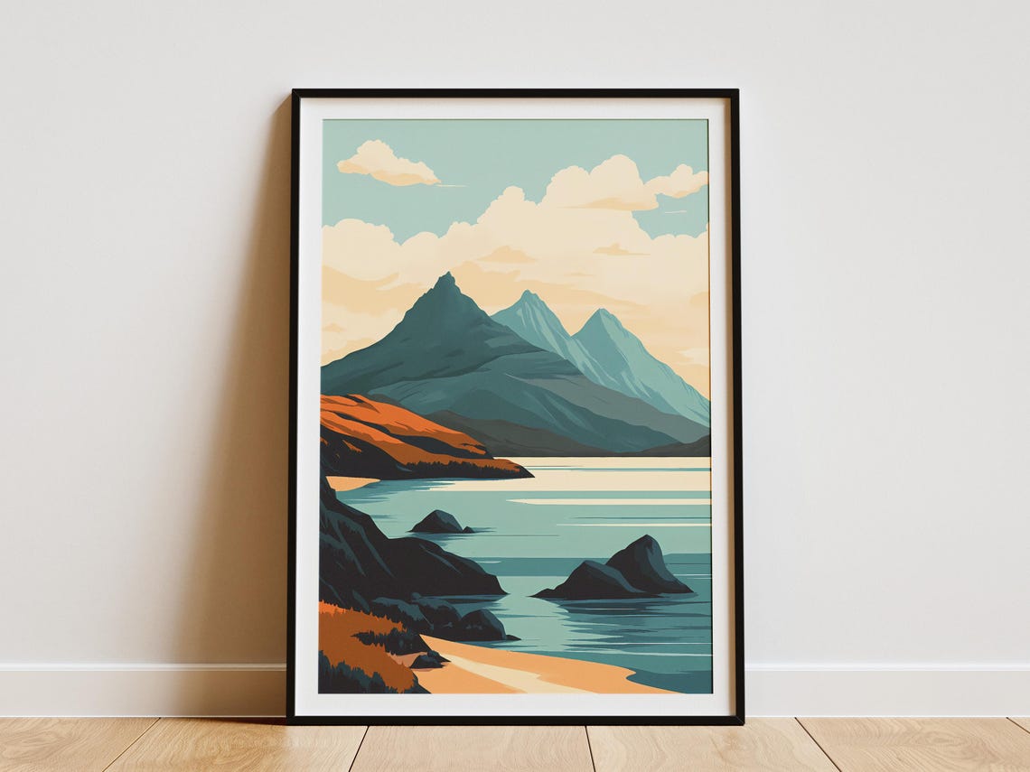 Dramatic Blue Mountain Bay Rocky Shore Coastal Landscape Poster