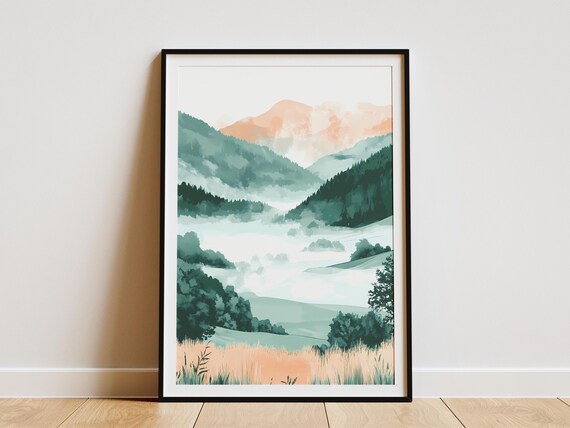 Misty Mountain Landscape Art Print Foggy Forest Poster Green Hills Wall Decor Abstract Nature Scene Modern Minimalist Home Decor Watercolor