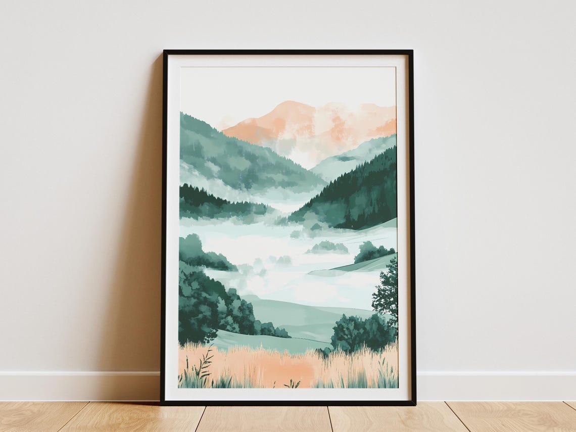 Misty Mountain Valley At Dawn Soft Watercolor Landscape Poster