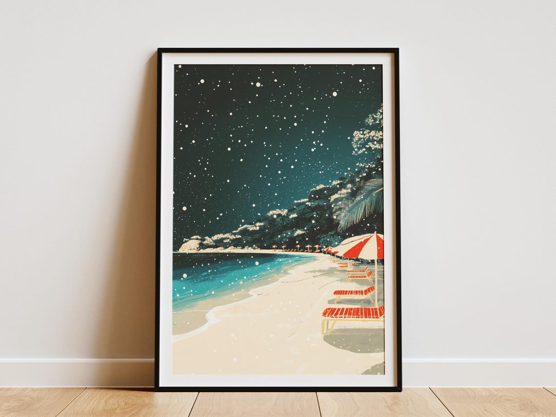 Snowy Beach At Night Starry Sky Red Umbrella Chairs Winter Poster
