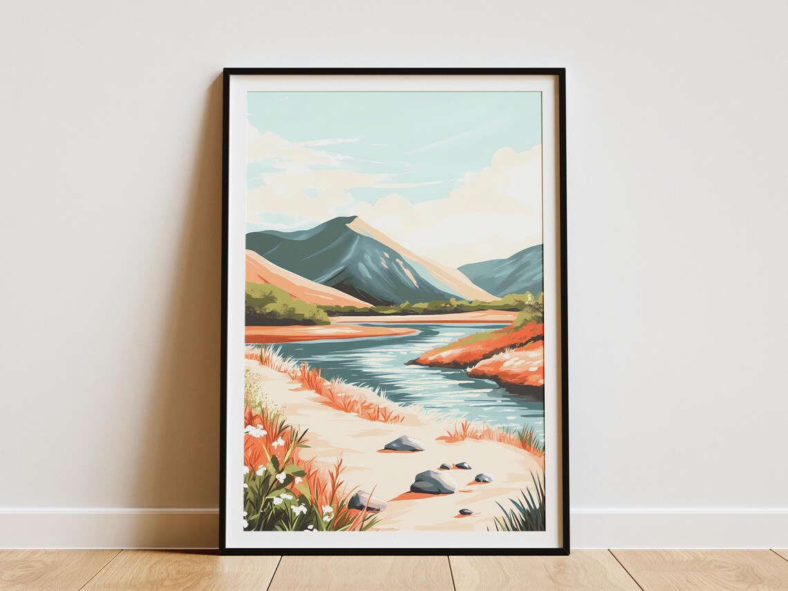 Spring River Valley With Mountains Wildflowers Nature Art Poster