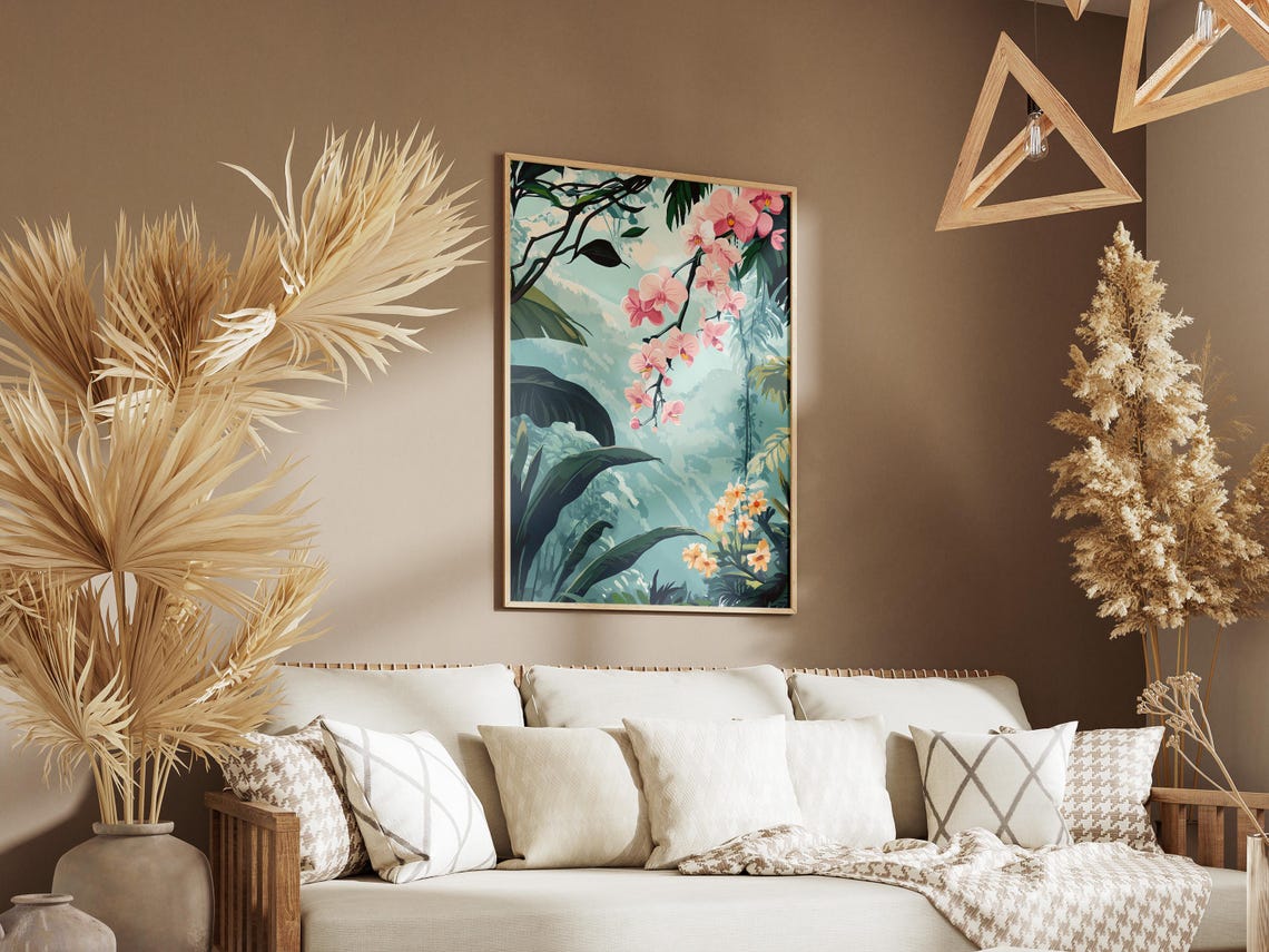Pink Orchid Rainforest Jungle Tropical Floral Mist Illustration Poster - Image 3
