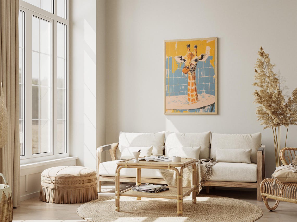 Whimsical Giraffe In Bathtub Yellow Blue Graphic Bathroom Poster - Image 4