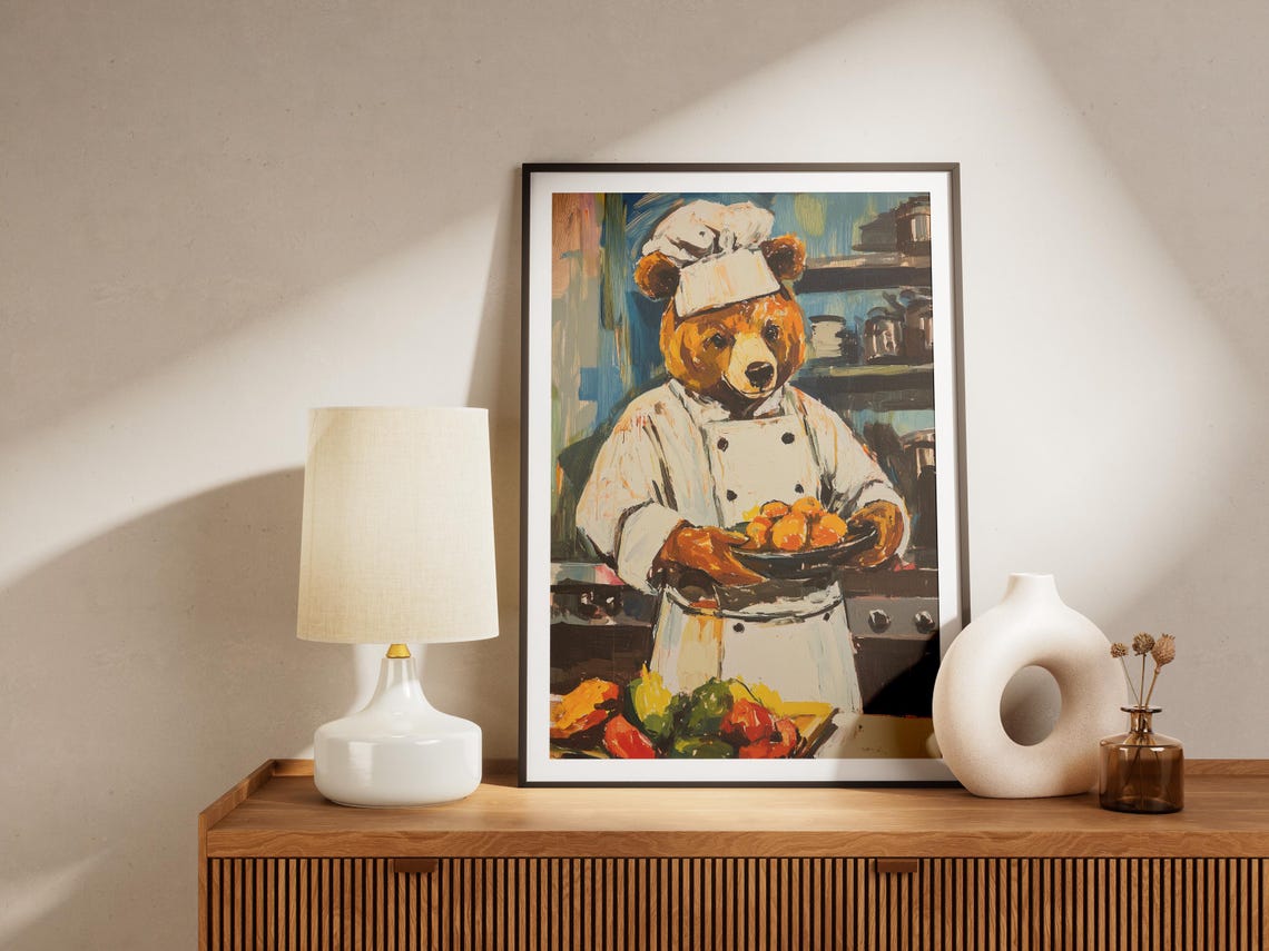 Bear Chef Whimsical Animal Portrait Rustic Kitchen Cooking Poster - Image 4