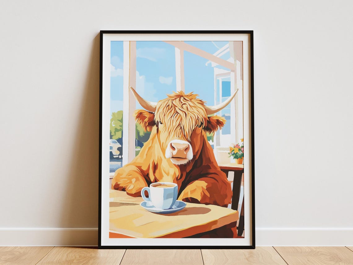 Shaggy Highland Cow with Coffee at Bright Cafe Window Poster