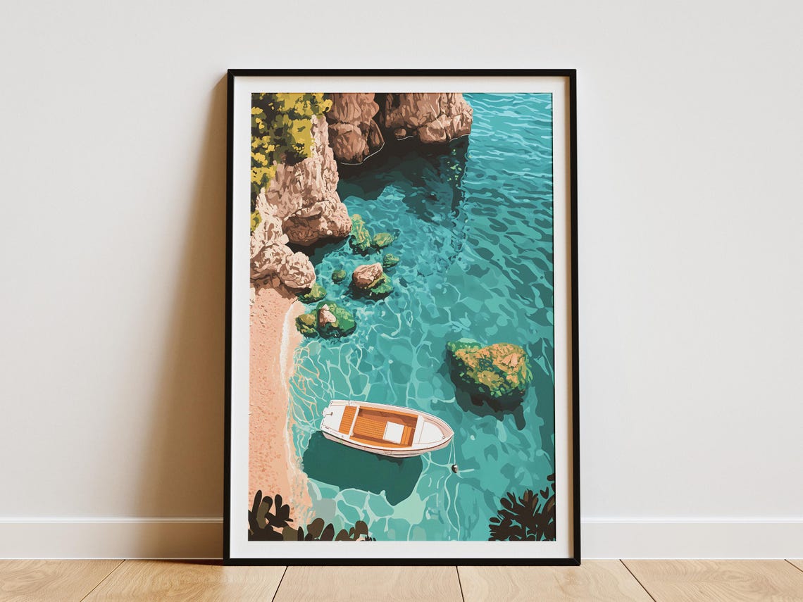 Boat Anchored in Turquoise Cove Rocky Cliff Aerial Illustration Poster