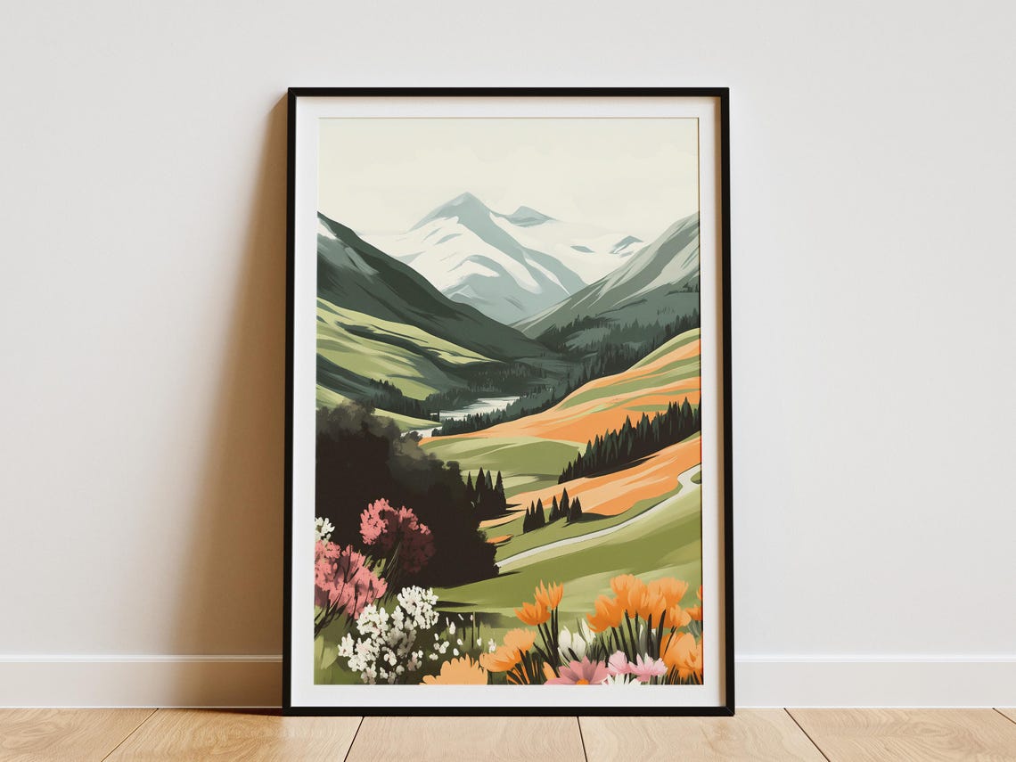 Wildflower Valley Snow Capped Mountain Vista Landscape Art Poster