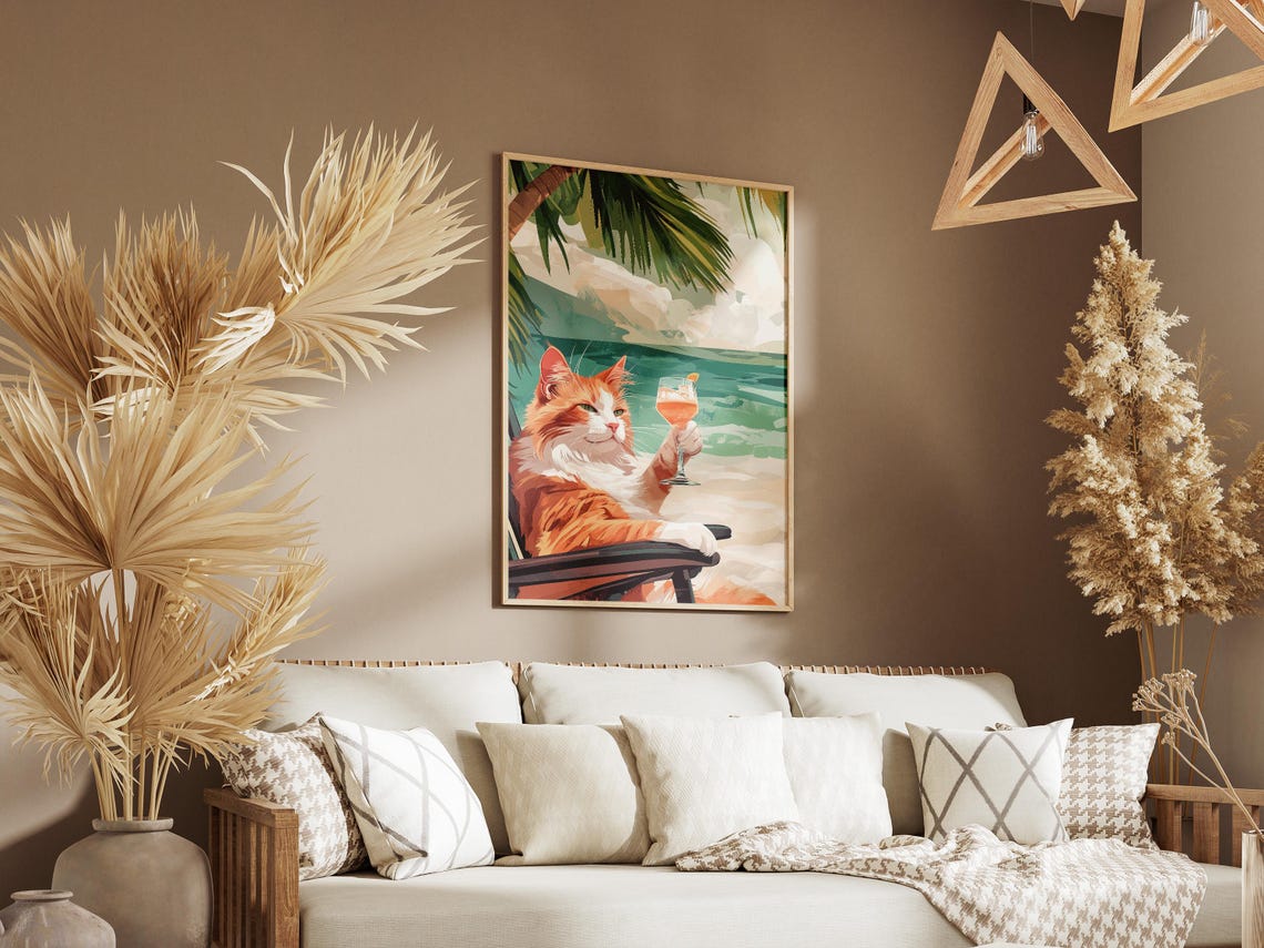 Fluffy Orange Cat Lounging In Beach Chair With Cocktail Poster - Image 3