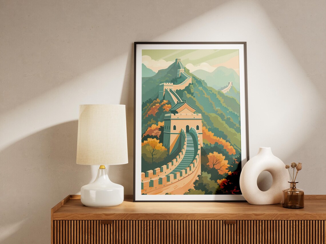 Great Wall of China Green Hills Watchtower Minimalist Travel Poster - Image 2