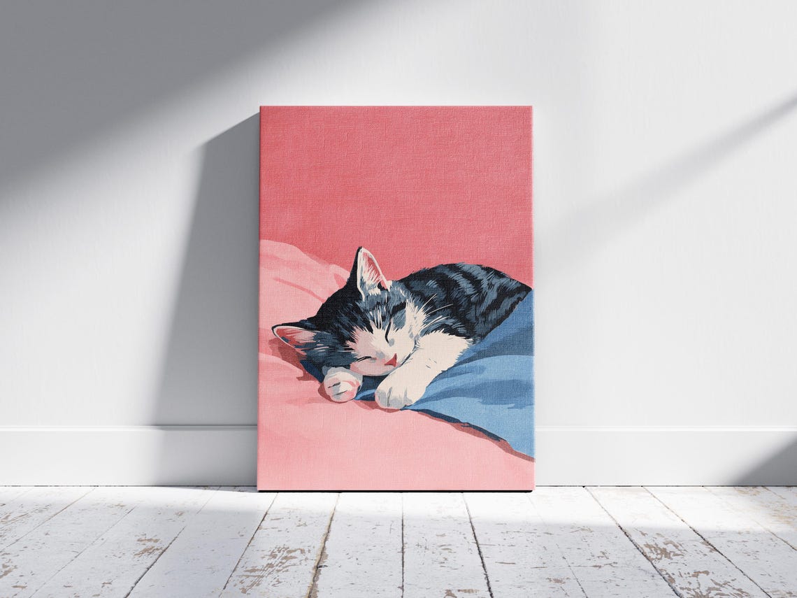 Sleeping Shorthair Kitten On Pink Bedding Cute Cat Nursery Poster - Image 2
