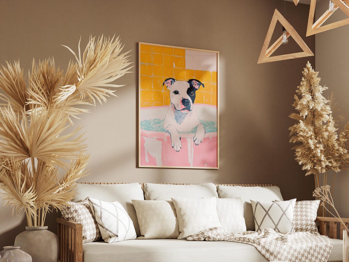 Staffordshire Bull Terrier Bath Time Dog Art Print Pink Bathtub Puppy Painting Yellow Bathroom Wall Cute Canine Poster Modern Pet Portrait - Image 3