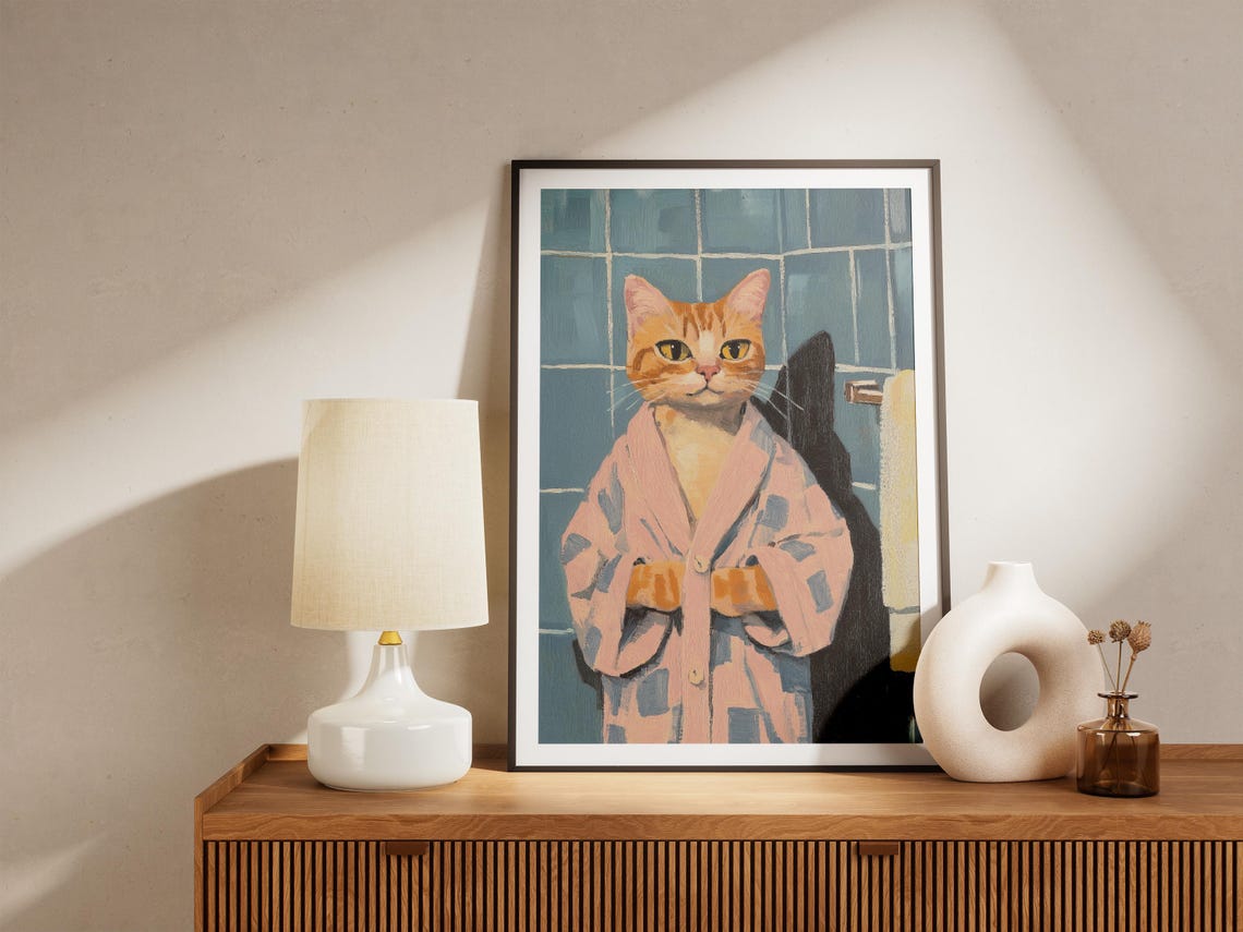 Orange Tabby Cat in Pink Bathrobe Funny Bathroom Decor Poster - Image 4