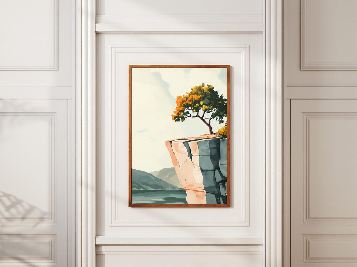 Lone Tree On Rocky Cliff Edge Above Mountain Lake Illustration Poster - Image 2