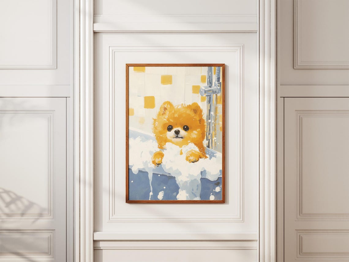 Pomeranian Puppy in Foamy Blue Tub Bubble Bath Cute Puppy Dog Poster - Image 2