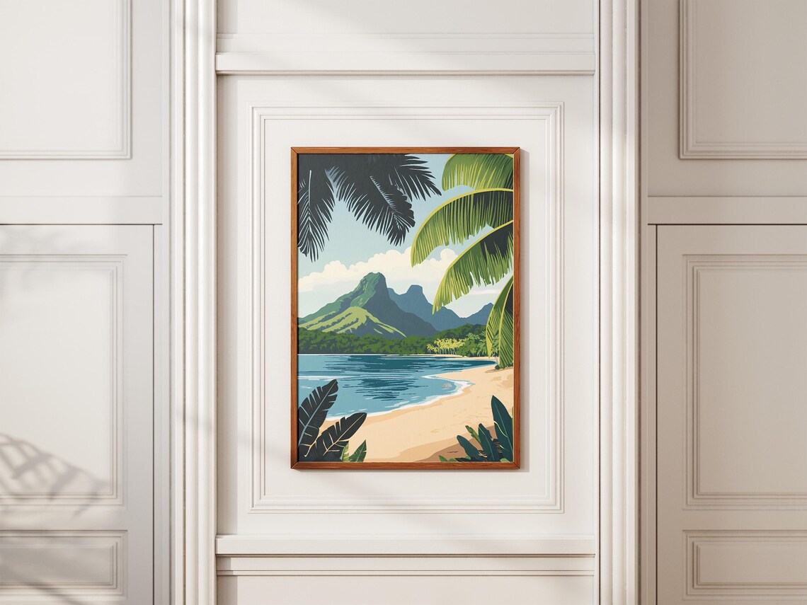 Tropical Bay with Palm Fronds and Volcanic Peaks Travel Poster - Image 2