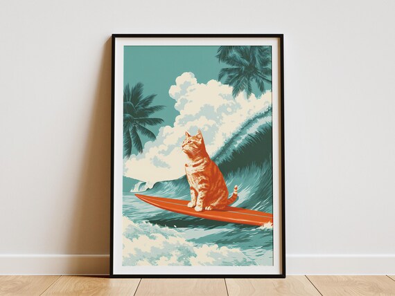 Orange Tabby Cat Surfing Huge Tropical Wave Beach Art Poster