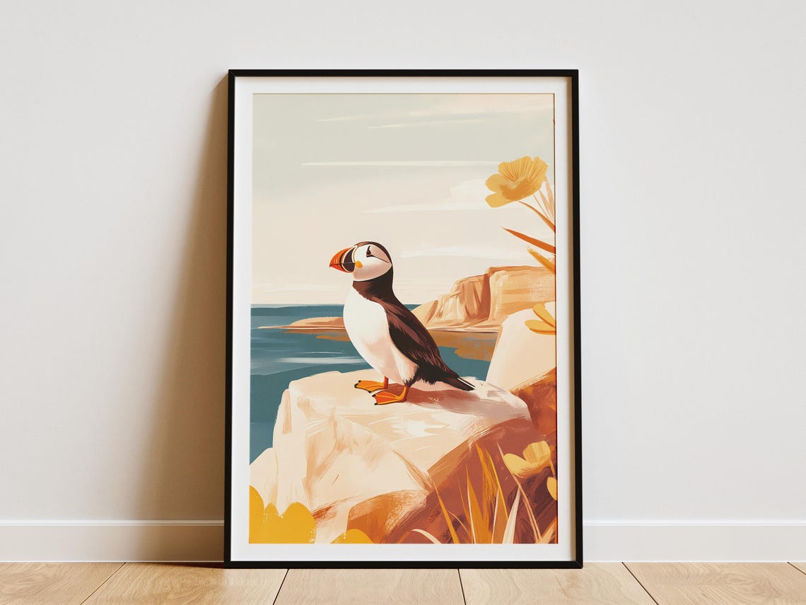 Puffin on White Cliffs with Orange Poppies Coastal Bird Poster