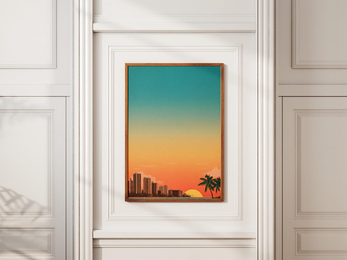 Waikiki Honolulu Skyline Sunset Palm Trees Vintage Travel Poster - Image 2