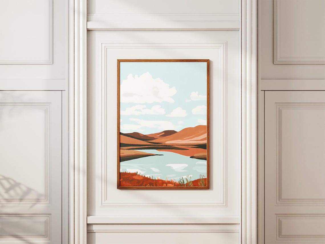 Mongolia Steppe Hills and Pale Blue Lake Art Poster Scenic Modern - Image 2