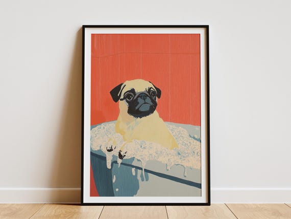 Pug Puppy Bathtub Poster Dog Wall Art Cute Animal Print Bathroom Decor Playful Pet Lover Gift In Tub