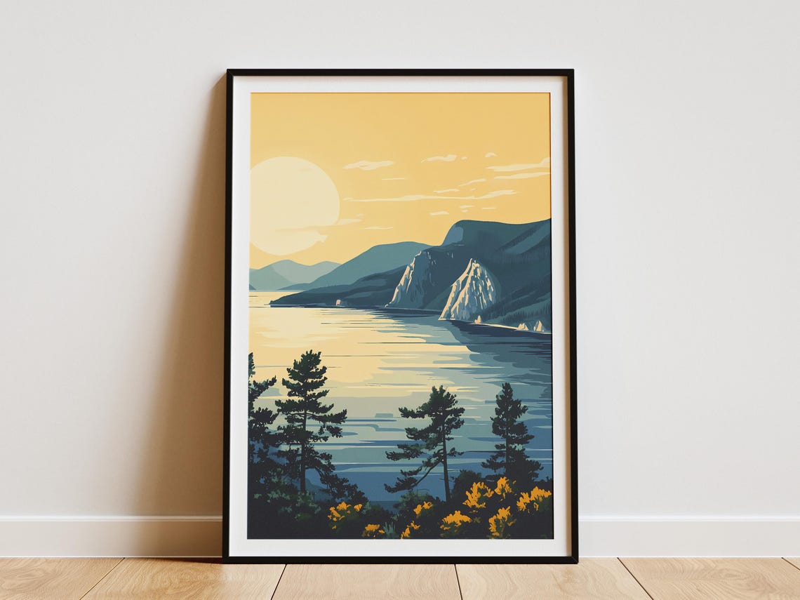 Lake Baikal Golden Sunset Over the Lake with Pine Trees Poster
