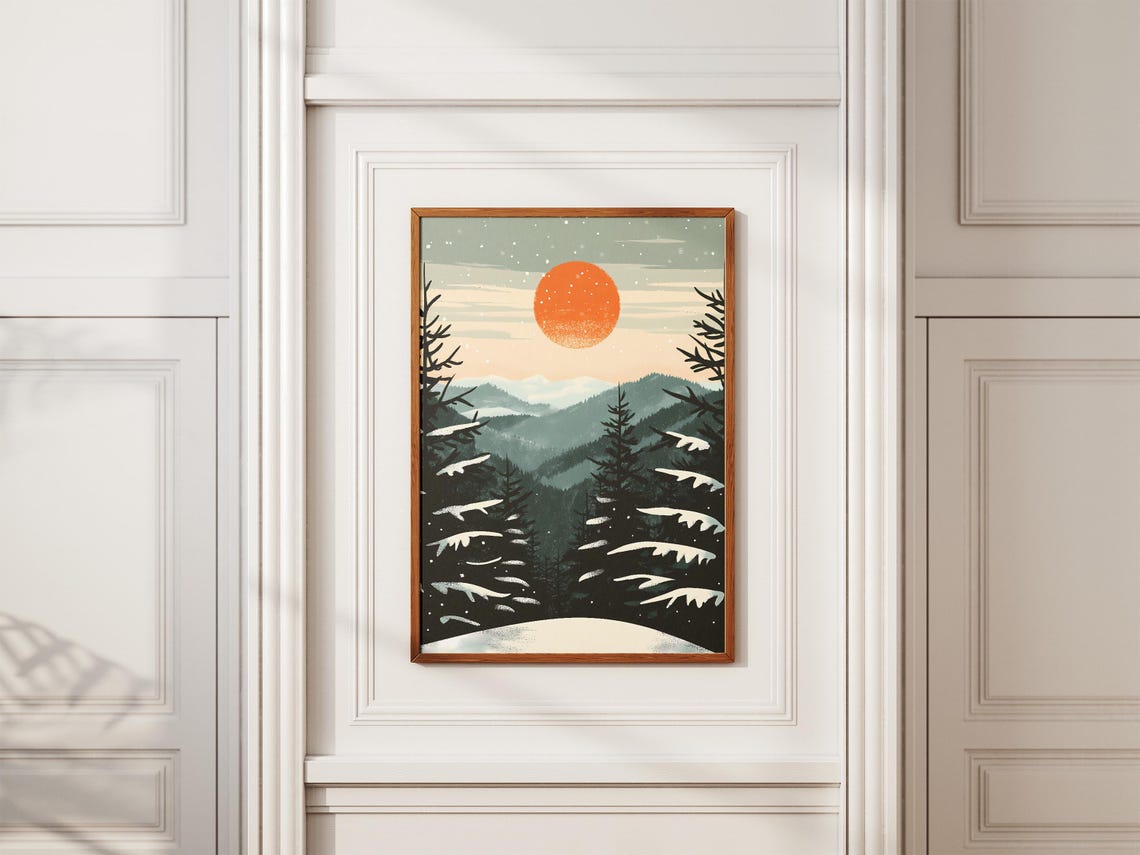 Smoky Mountains Winter Pines Under a Glowing Orange Moon Poster - Image 2