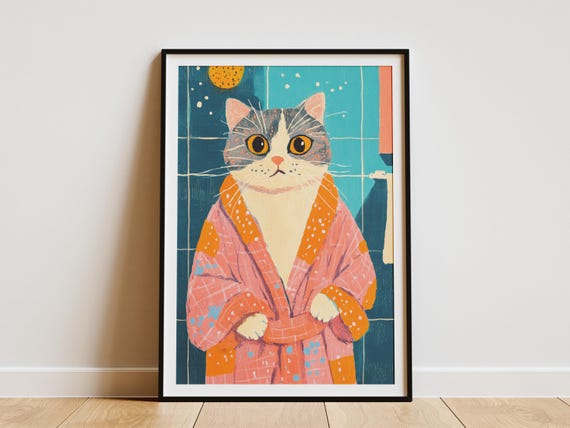 Scottish Fold Cat Art Print Bathrobe Bathroom Poster Funny Lover Gift Unique Cute Pet Portrait Wall Decor
