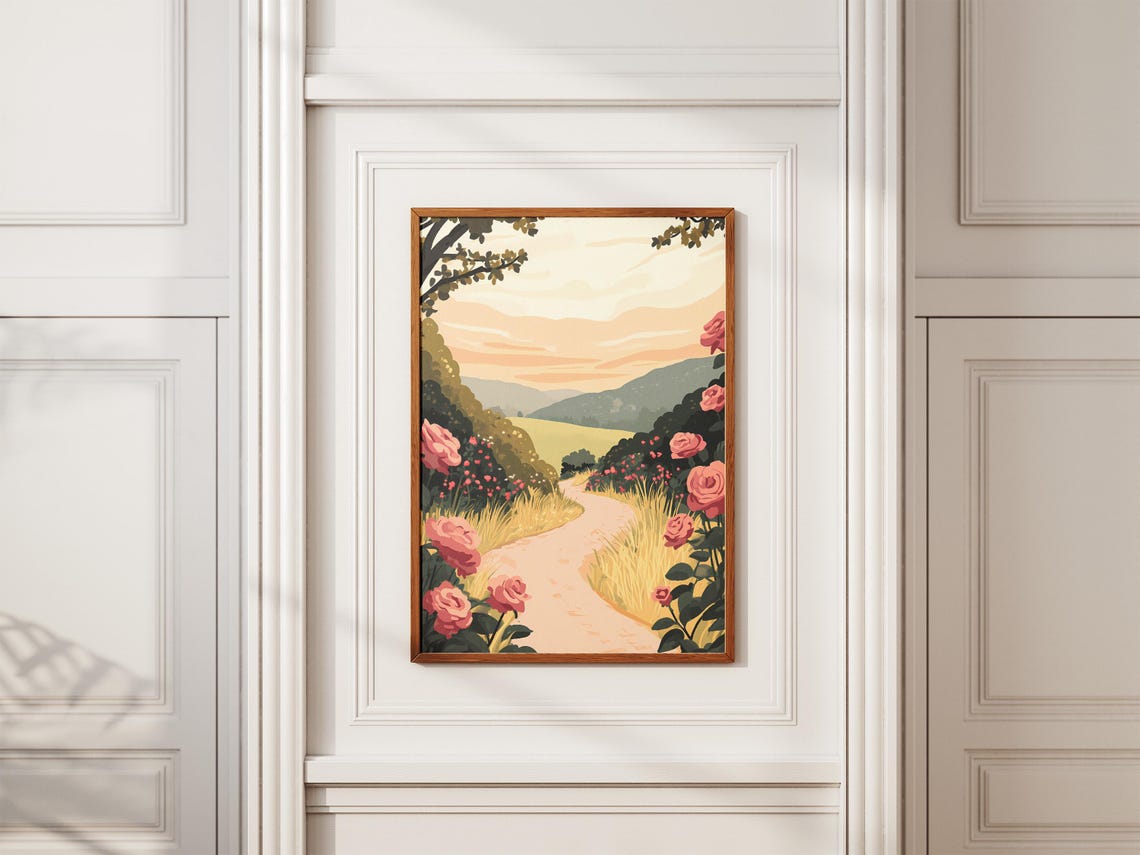 Pink Rose Path Sunset Blooming Garden Trail Valley View Poster - Image 2