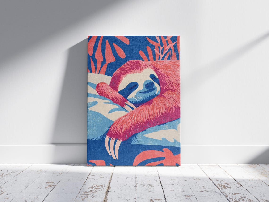 Matisse Style Sloth Sleeping Gouache Art Print Vibrant Blue Pink Tropical Animal Wall Decor Unique Nursery Bedroom Poster Gift - Image 2