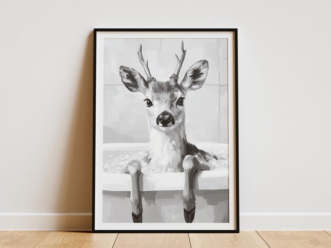 Deer In Bathtub Poster Animal Print Whimsical Bathroom Decor Funny Wall Art Minimalist