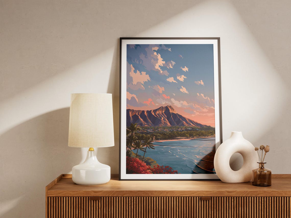 Diamond Head Honolulu Hawaii Sunrise Coast Tropical Travel Poster - Image 4