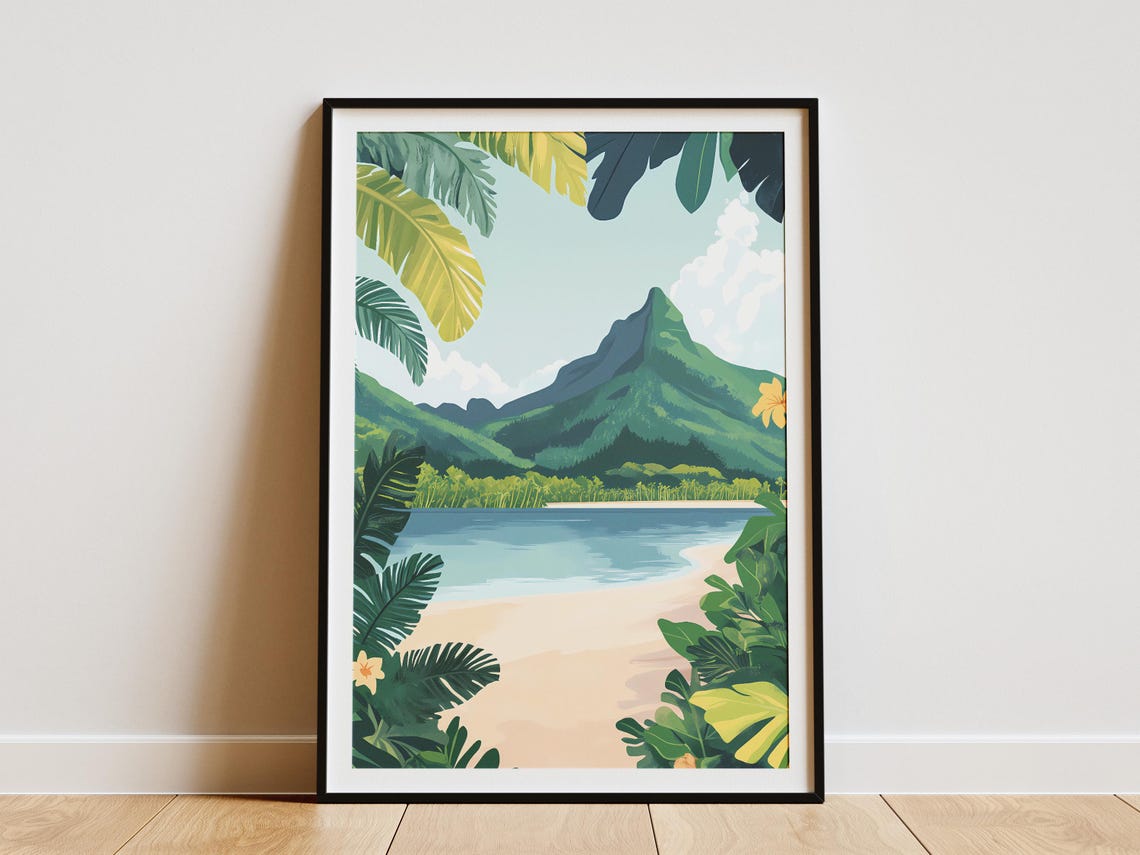 Samoa Tropical Beach Palm Fronds Volcano Lagoon Travel Poster