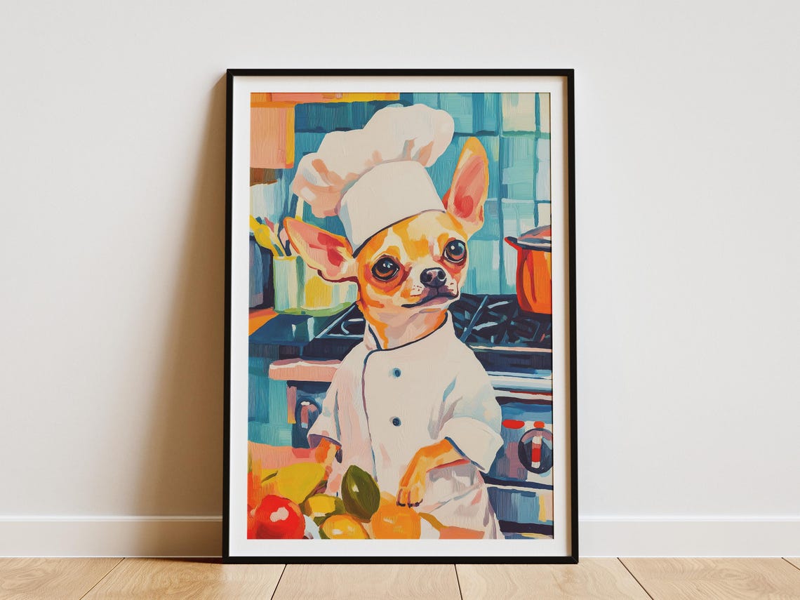Tiny Chihuahua Chef In Kitchen With Fresh Vegetables Colorful Poster