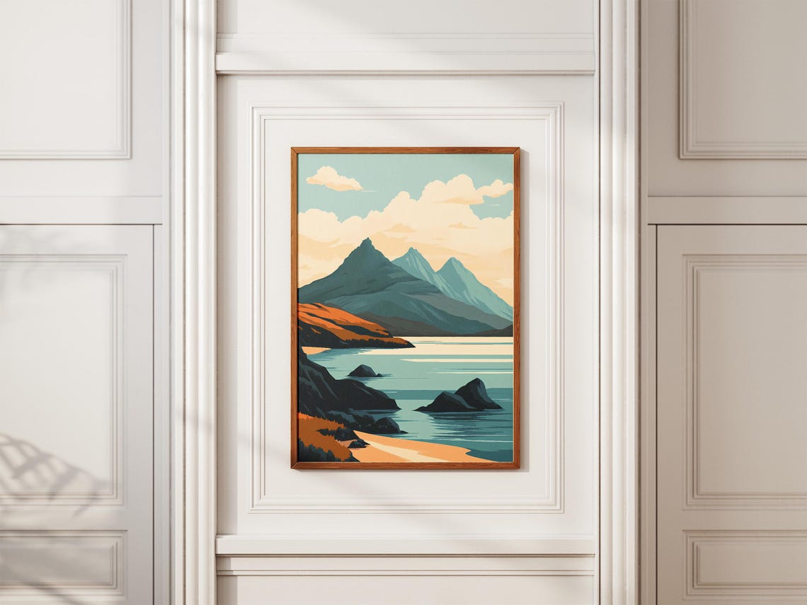 Dramatic Blue Mountain Bay Rocky Shore Coastal Landscape Poster - Image 2
