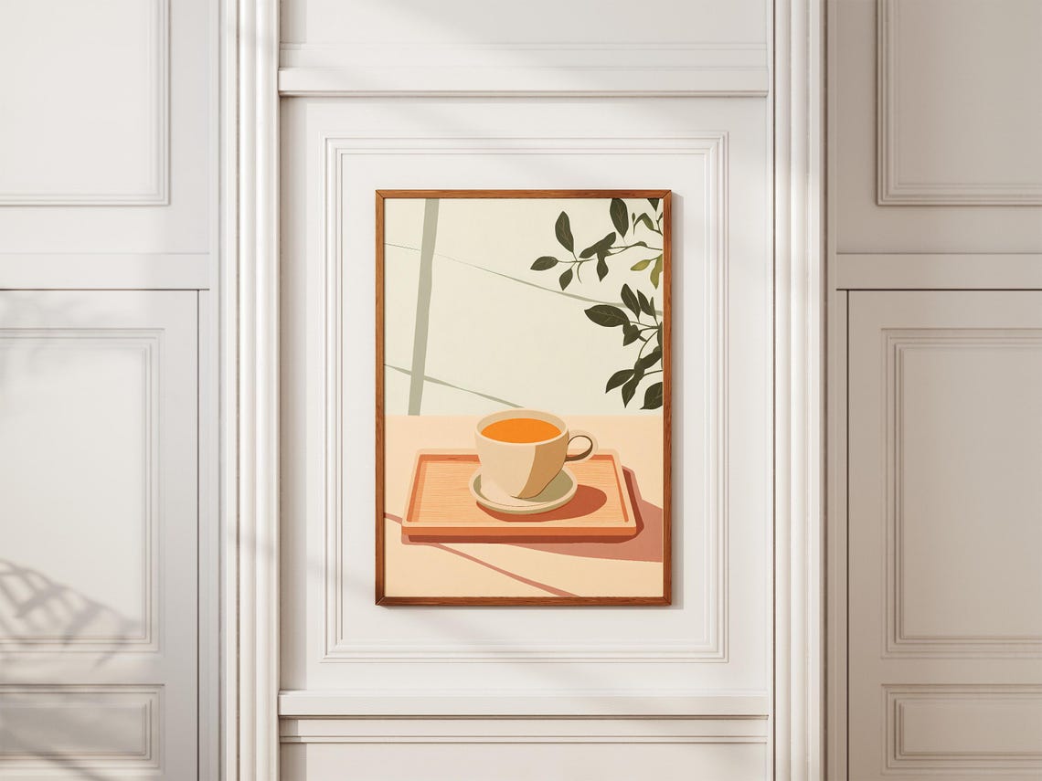 Minimalist Tea Cup Wooden Tray Calm Beige Botanical Kitchen Poster - Image 2