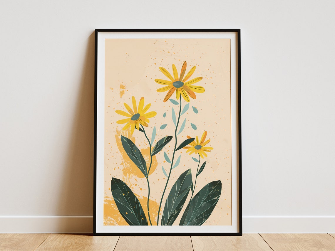 Bright Yellow Daisies on Cream Minimal Floral Illustration Poster