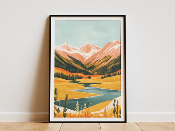 Mountain Meadow Landscape Poster Abstract Nature Art Print Modern Wall Decor Home Decor Yellow Orange Green Nature Scene Calm Peaceful