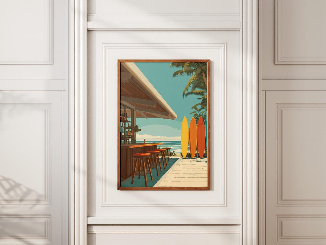 Tropical Beach Tiki Bar With Colorful Surfboards Ocean View Poster - Image 2