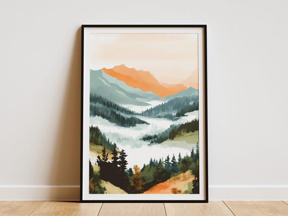 Foggy Mountain Landscape Posterabstract Nature Art Printmodern Minimalist Wall Decormountain Range Fogforest Scenebohemian Decornature