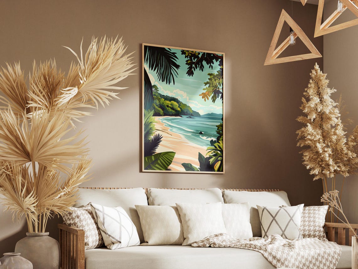 Tropical Island Cove Framed by Palm Leaves Art Poster Tropical - Image 3
